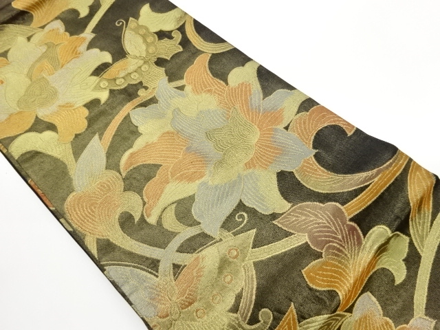 蝶に花々模様織出し名古屋帯